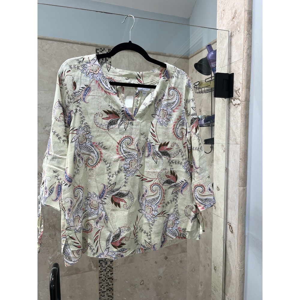 J.Jill Love Linen Womens Small Yellow Pink Floral 3/4 Sleeve Blouse Top